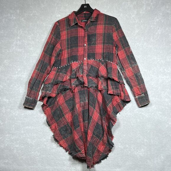 Zara Shirt Womens Medium Red & Black Plaid Button Up High Low Stud Accent Ruffle - Picture 1 of 11